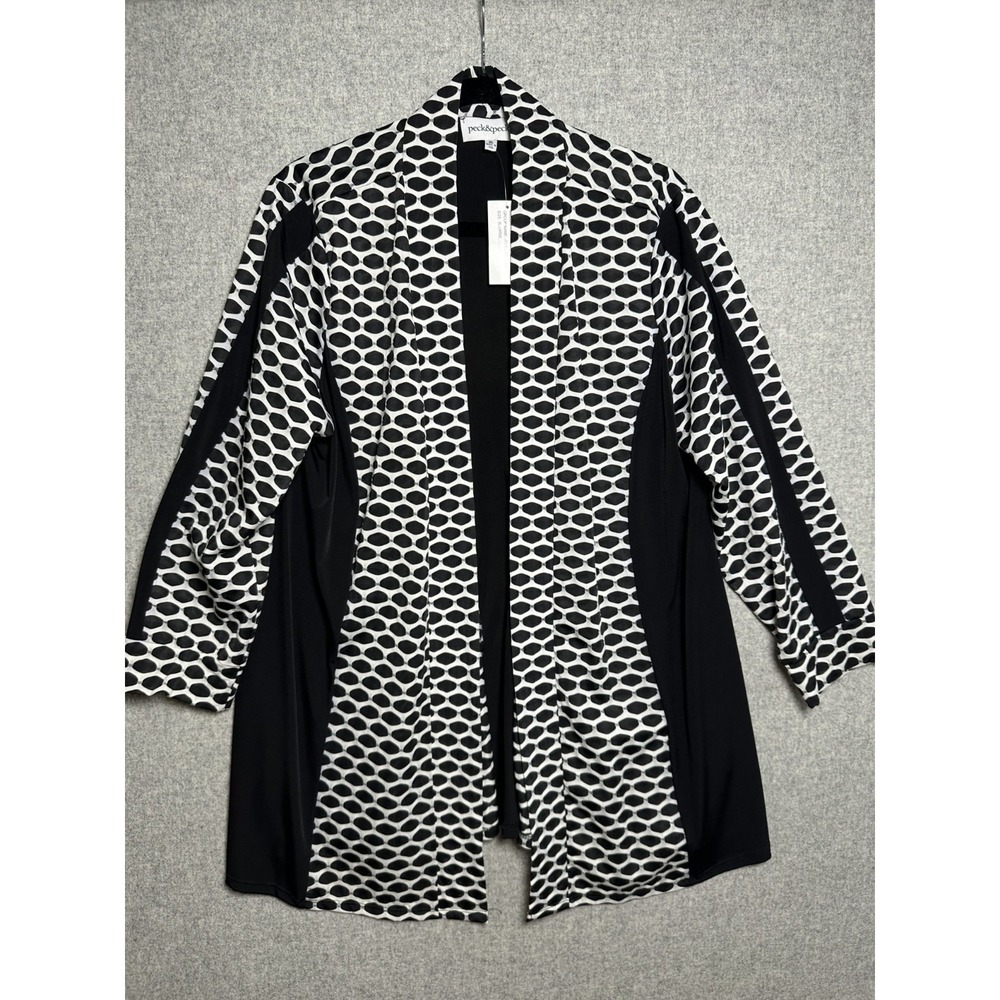 NWT Peck and Peck XL Cardigan Top Womens 3/4 Sleeve Black White Stretch Open